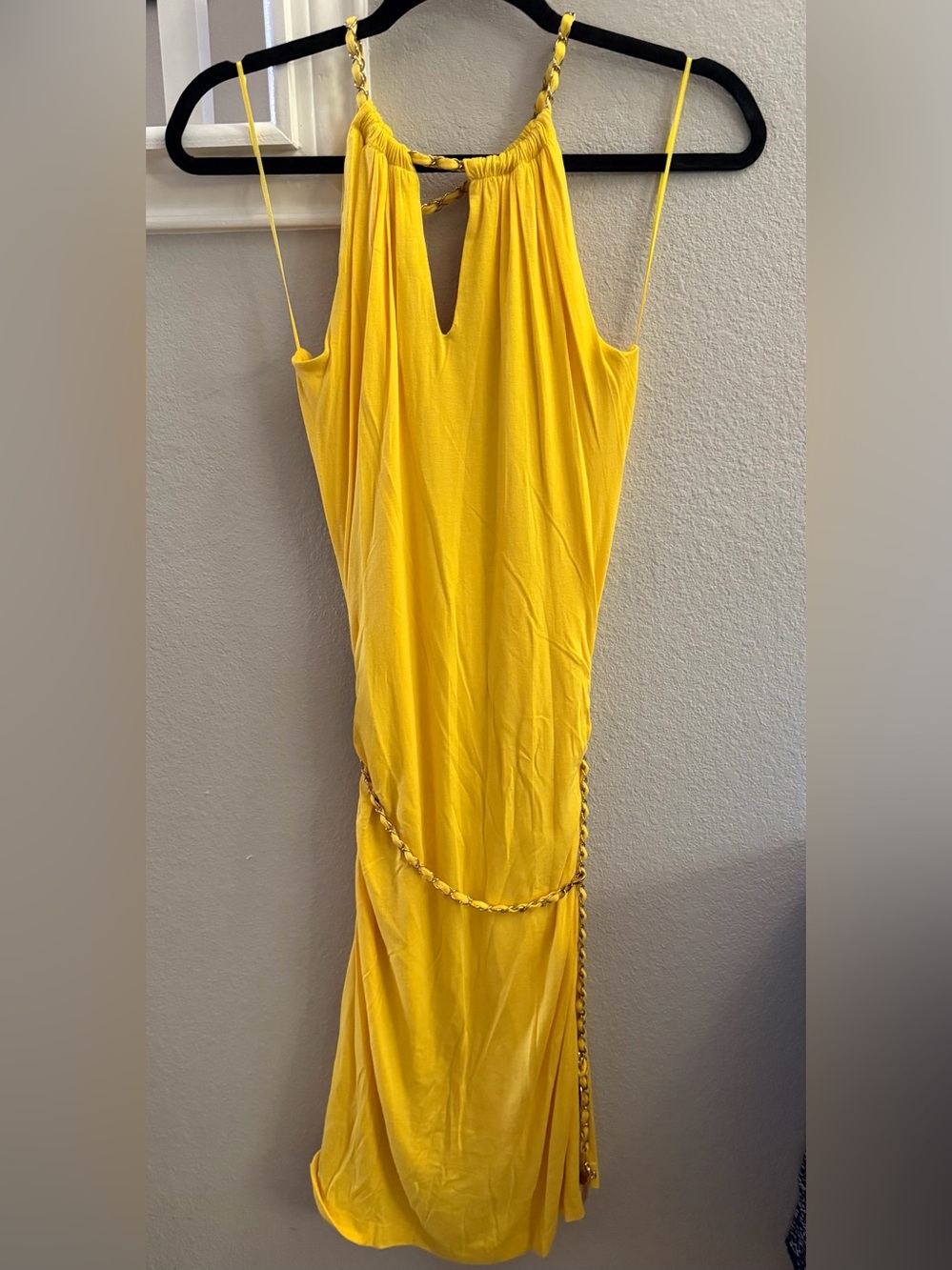 Cache Bright Yellow Backless Halter Maxi Dress with Chain